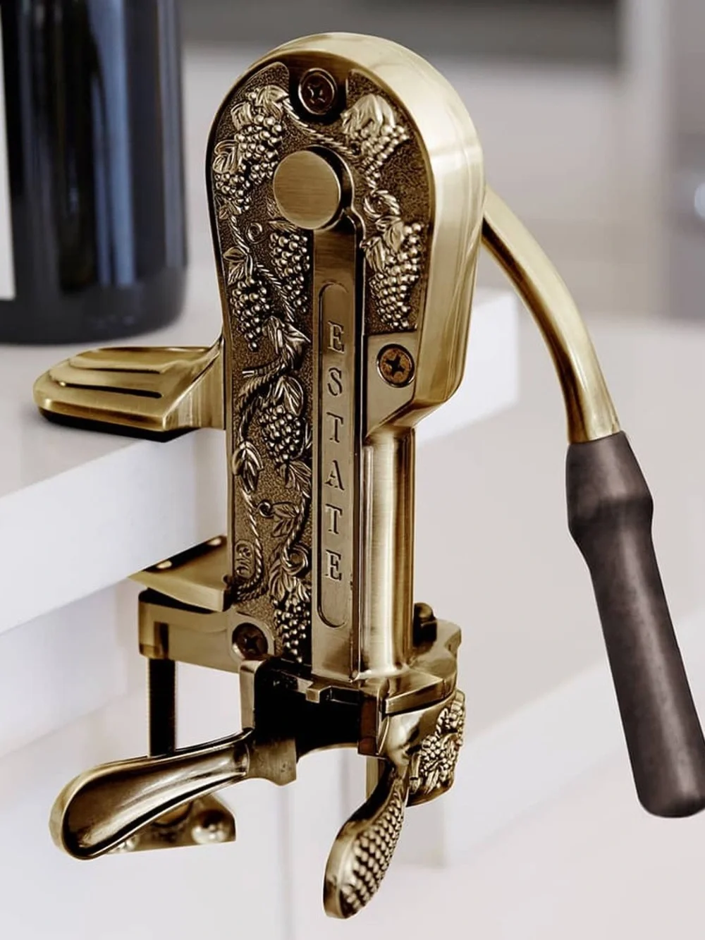 Estate Brass-Finish Tabletop Corkscrew with Dark Brown Handle